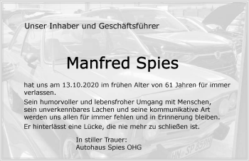 Traueranzeige von Manfred Spies von GESAMT