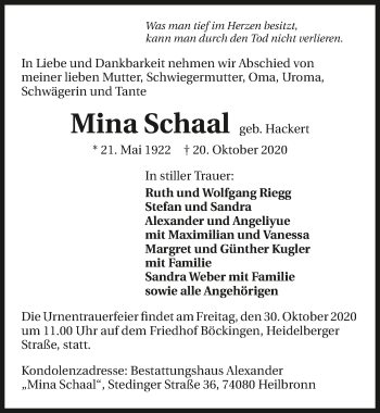 Traueranzeige von Mina Schaal von GESAMT