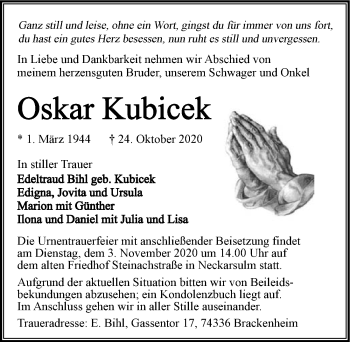 Traueranzeige von Oskar Kubicek von GESAMT