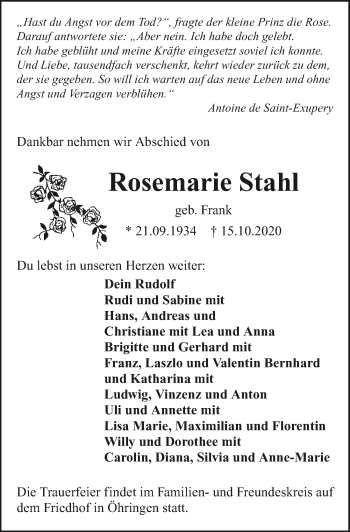 Traueranzeige von Rosemarie Stahl von GESAMT