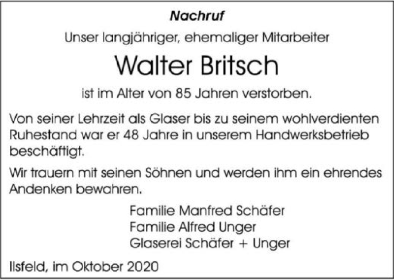  Traueranzeige für Walter Britsch vom 27.10.2020 aus GESAMT