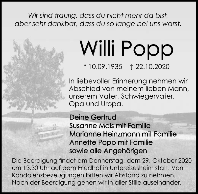  Traueranzeige für Willi Popp vom 27.10.2020 aus GESAMT