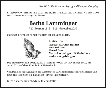 Traueranzeige von Betha Lamminger von GESAMT