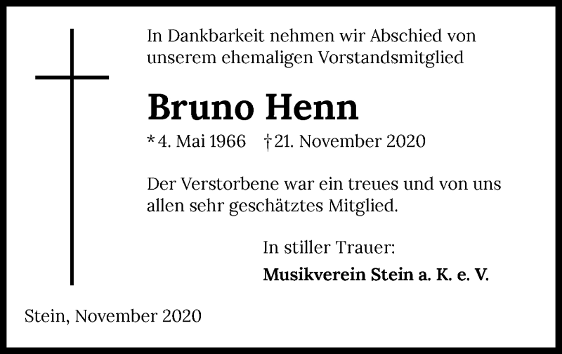  Traueranzeige für Bruno Henn vom 01.12.2020 aus GESAMT