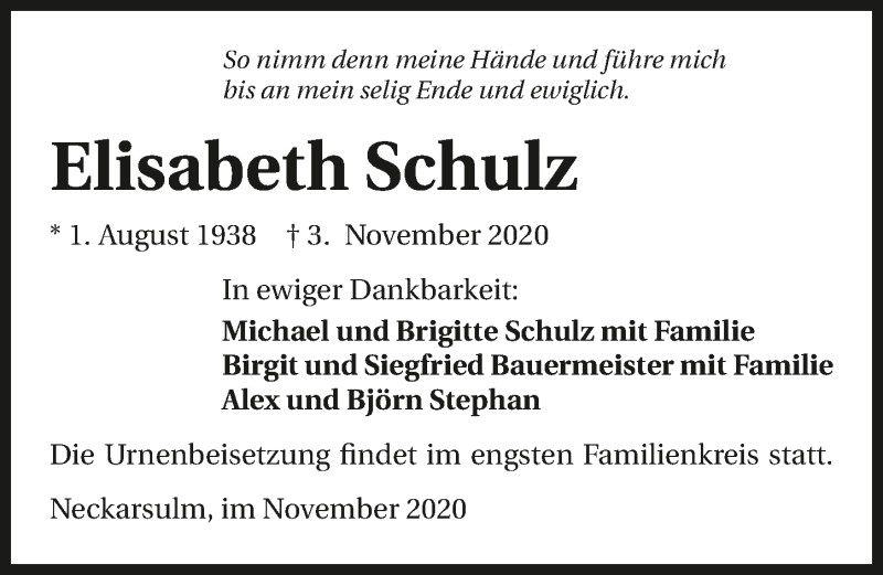  Traueranzeige für Elisabeth Schulz vom 07.11.2020 aus GESAMT