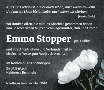 Traueranzeige von Emma Stopper von GESAMT