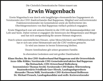 Traueranzeige von Erwin Wagenbach von GESAMT