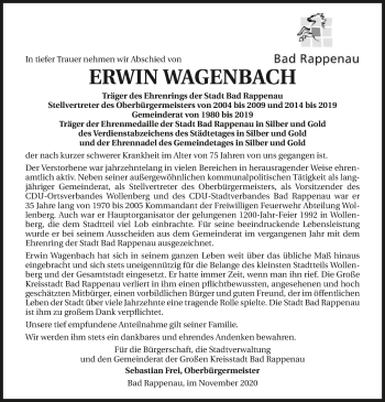 Traueranzeige von Erwin Wagenbach von GESAMT