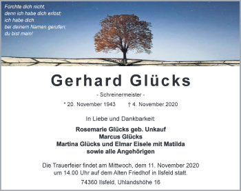 Traueranzeige von Gerhard Glücks von GESAMT