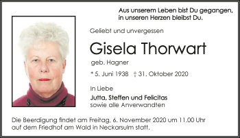 Traueranzeige von Gisela Thorwart von GESAMT