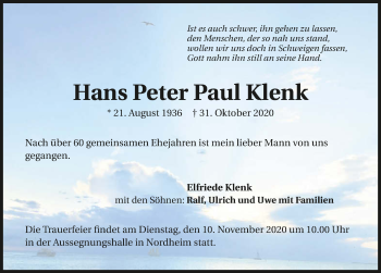 Traueranzeige von Hans Peter Paul Klenk von GESAMT