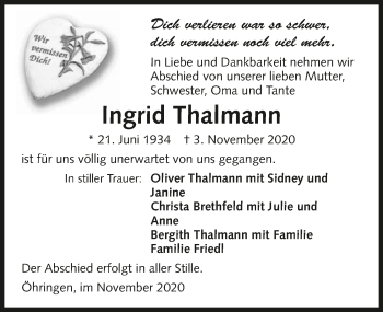 Traueranzeige von Ingrid Thalmann von GESAMT