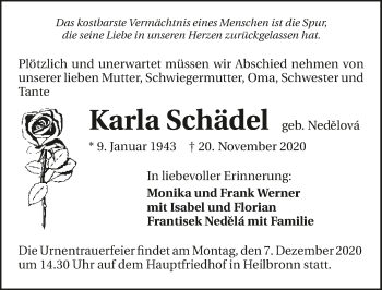 Traueranzeige von Karla Schädel von GESAMT