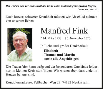 Traueranzeige von Manfred Fink von GESAMT