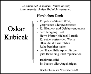 Traueranzeige von Oskar Kubicek von GESAMT