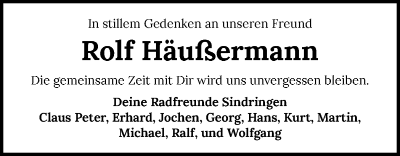  Traueranzeige für Rolf Häußermann vom 23.11.2020 aus GESAMT