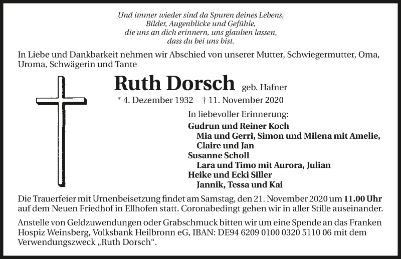  Traueranzeige für Ruth Dorsch vom 14.11.2020 aus GESAMT