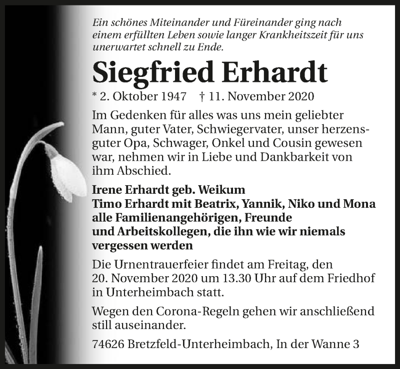  Traueranzeige für Siegfried Erhardt vom 18.11.2020 aus GESAMT