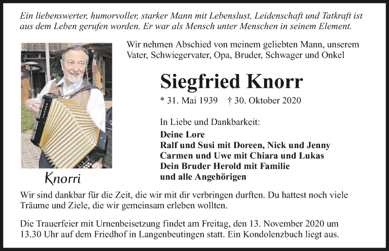  Traueranzeige für Siegfried Knorr vom 07.11.2020 aus GESAMT
