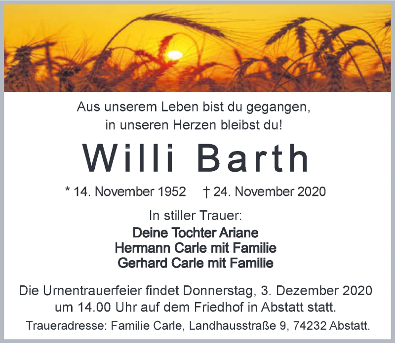  Traueranzeige für Willi Barth vom 28.11.2020 aus GESAMT