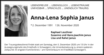 Traueranzeige von Anna-Lena Sophia Janus von GESAMT