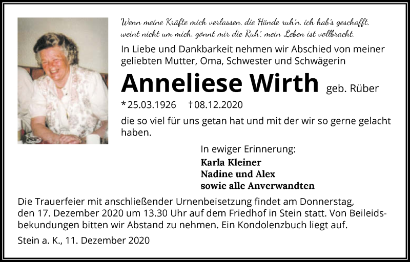  Traueranzeige für Anneliese Wirth vom 12.12.2020 aus GESAMT