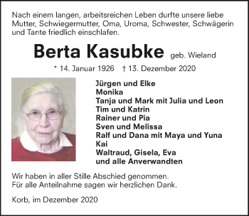 Traueranzeige von Berta Kasubke von GESAMT