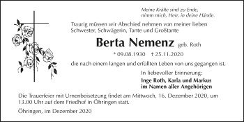 Traueranzeige von Bertra Nemenz von GESAMT