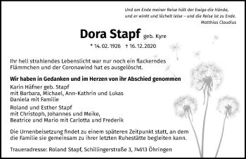 Traueranzeige von Dora Stapf von GESAMT