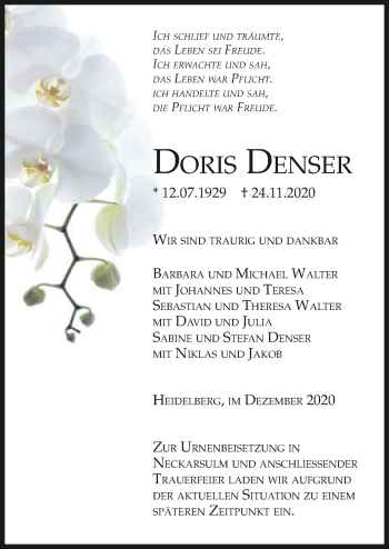 Traueranzeige von Doris Denser von GESAMT