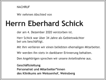 Traueranzeige von Eberhard Schick von GESAMT