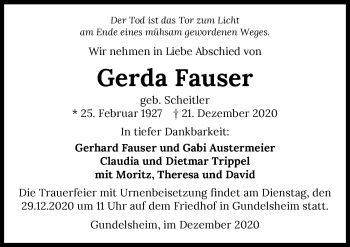 Traueranzeige von Gerda Fauser von GESAMT