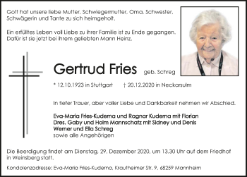 Traueranzeige von Gertrud Fries von GESAMT