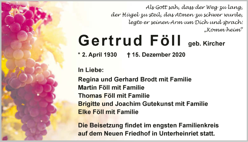  Traueranzeige für Gertrud Föll vom 19.12.2020 aus GESAMT