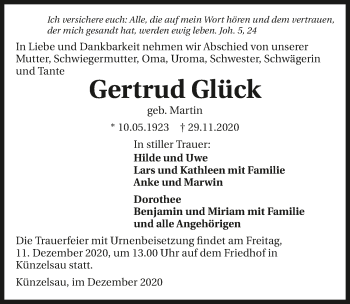 Traueranzeige von Gertrud Glück von GESAMT