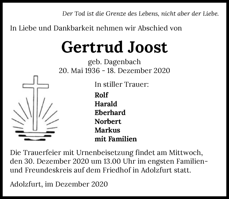  Traueranzeige für Gertrud Joost vom 23.12.2020 aus GESAMT