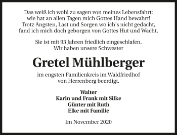 Traueranzeige von Gretel Mühlberger von GESAMT