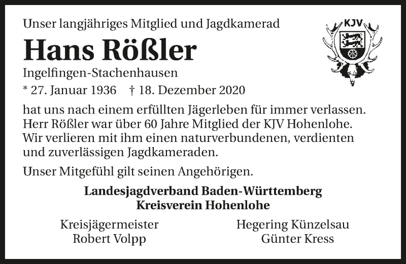  Traueranzeige für Hans Rößler vom 30.12.2020 aus GESAMT