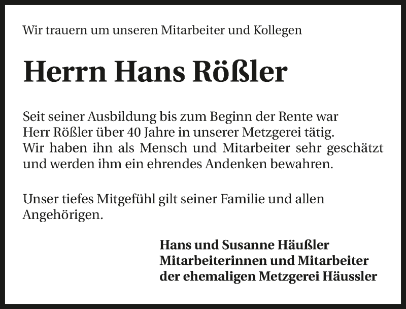  Traueranzeige für Hans Rößler vom 30.12.2020 aus GESAMT