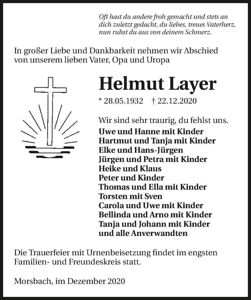  Traueranzeige für Helmut Layer vom 30.12.2020 aus GESAMT