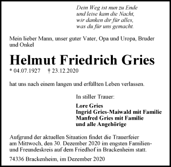 Traueranzeige von Helmut Friedrich Gries von GESAMT