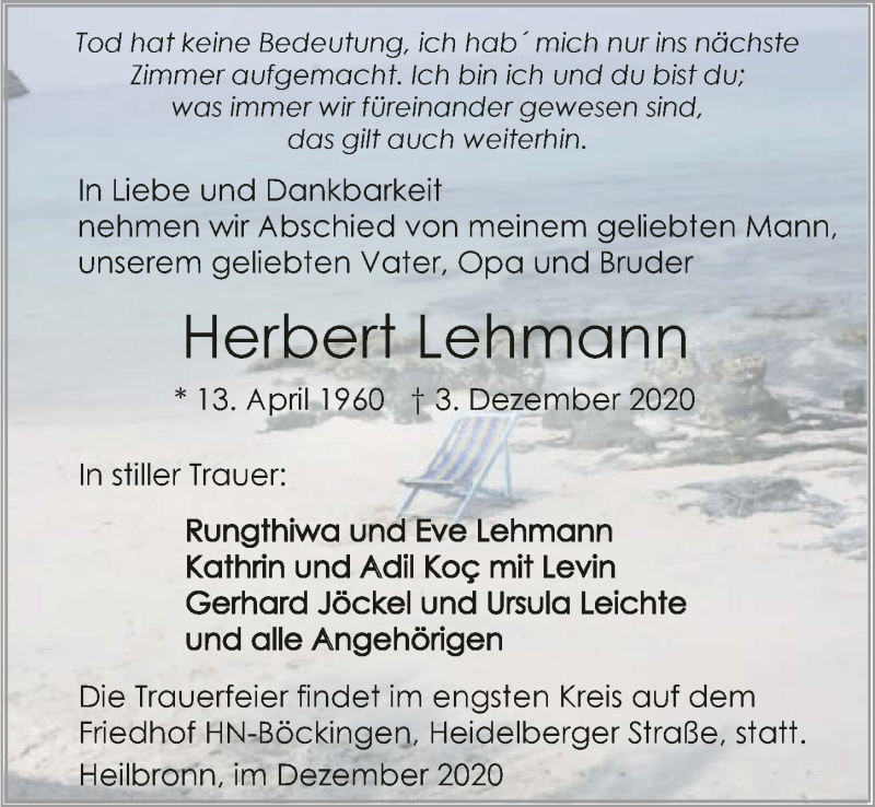  Traueranzeige für Herbert Lehmann vom 16.12.2020 aus GESAMT