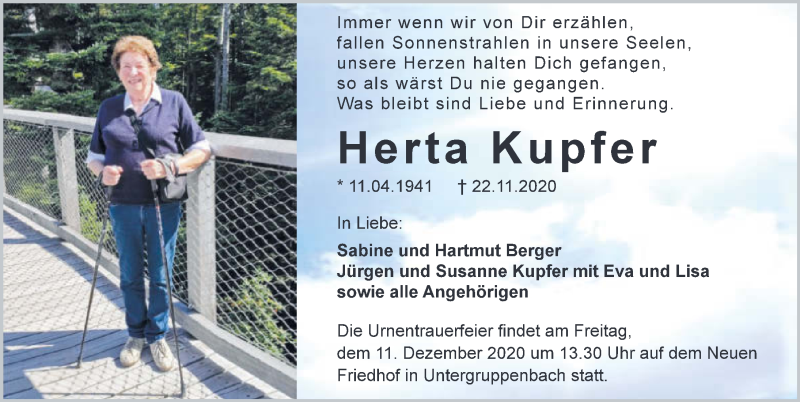  Traueranzeige für Herta Kupfer vom 05.12.2020 aus GESAMT