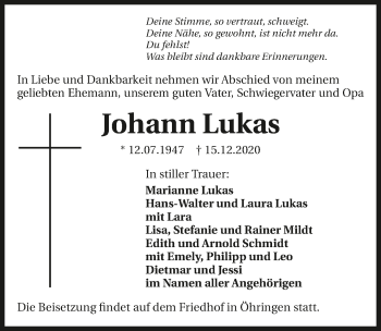 Traueranzeige von Johann Lukas von GESAMT