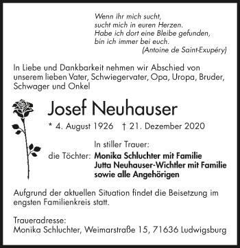 Traueranzeige von Josef Neuhauser von GESAMT