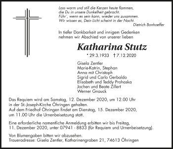 Traueranzeige von Katharina Stutz von GESAMT