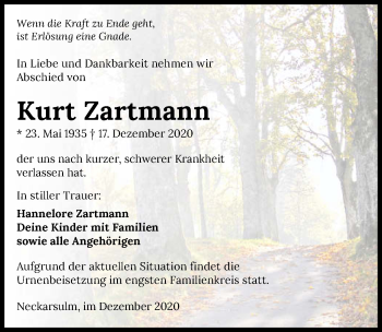 Traueranzeige von Kurt Zartmann von GESAMT