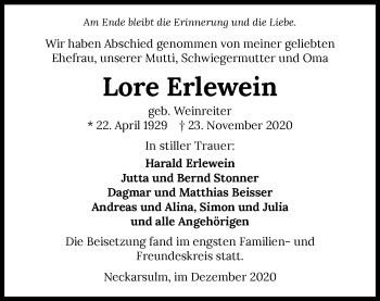 Traueranzeige von Lore Erlewein von GESAMT