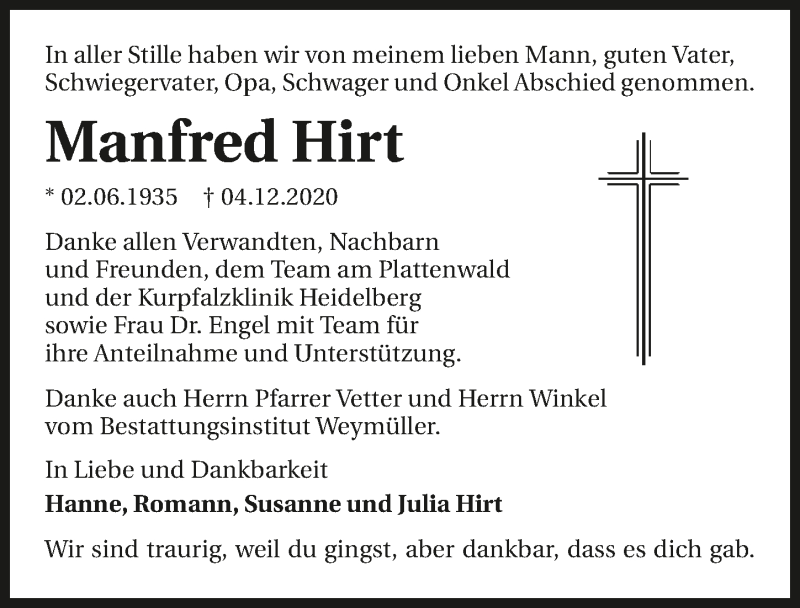  Traueranzeige für Manfred Hirth vom 19.12.2020 aus GESAMT