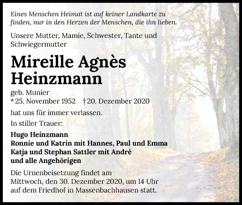 Traueranzeige für Mireille Agnes Heinzmann vom 23.12.2020 aus GESAMT